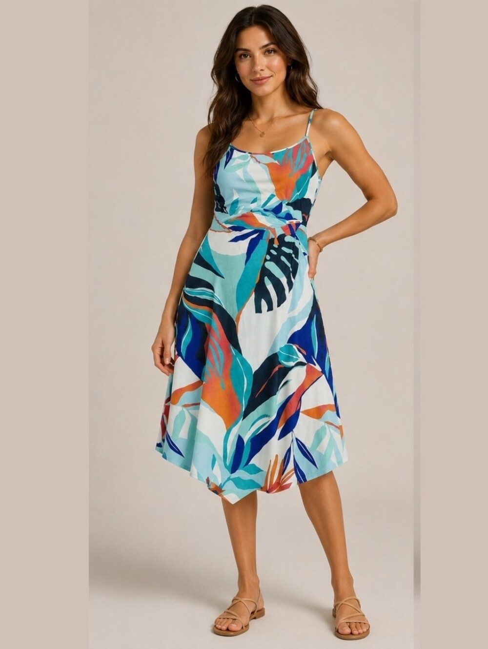 Tropical Print Spaghetti Strap Midi Dress - Aqua Blue Multi